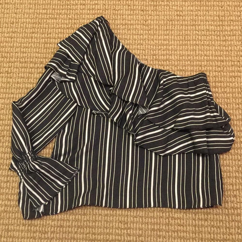 Scripted Ruffled Striped One-Shoulder Top Small - image 6